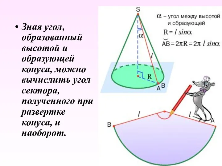 Зная угол, образованный высотой и образующей конуса, можно вычислить угол сектора,