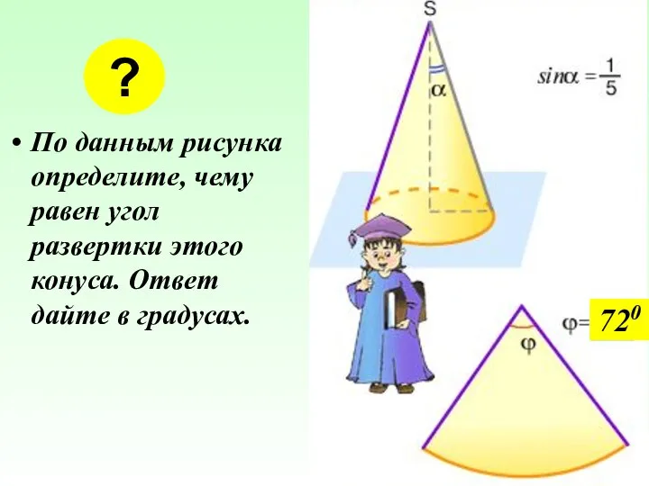 По данным рисунка определите, чему равен угол развертки этого конуса. Ответ дайте в градусах. ? 720