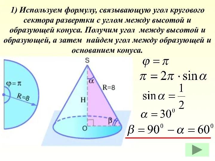 1) Используем формулу, связывающую угол кругового сектора развертки с углом между