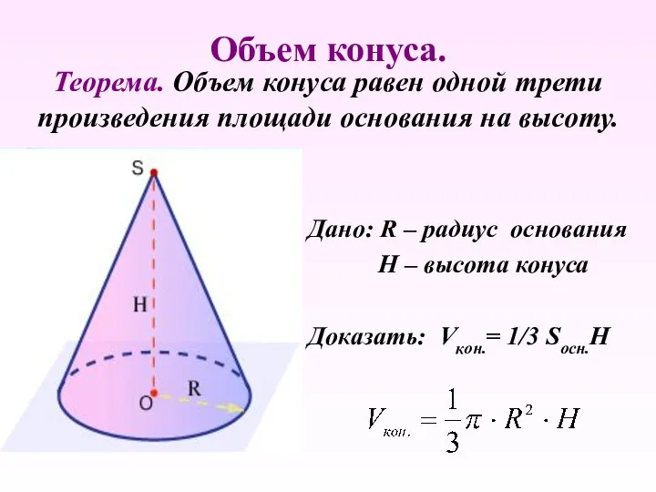 Объем конуса. Дано: R – радиус основания Н – высота конуса