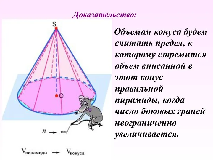 Объемом конуса будем считать предел, к которому стремится объем вписанной в