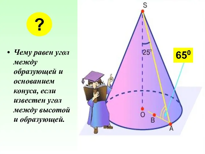 Чему равен угол между образующей и основанием конуса, если известен угол