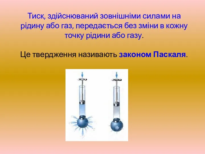 Тиск, здійснюваний зовнішніми силами на рідину або газ, передається без зміни