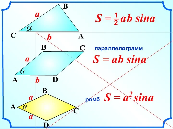 S = a2 sina параллелограмм ромб S = a b sina