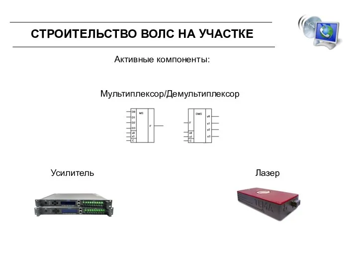 СТРОИТЕЛЬСТВО ВОЛС НА УЧАСТКЕ Мультиплексор/Демультиплексор Усилитель Лазер Активные компоненты: