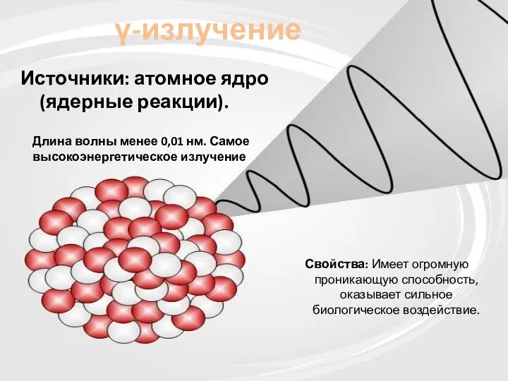 γ-излучение Источники: атомное ядро (ядерные реакции). Свойства: Имеет огромную проникающую способность,