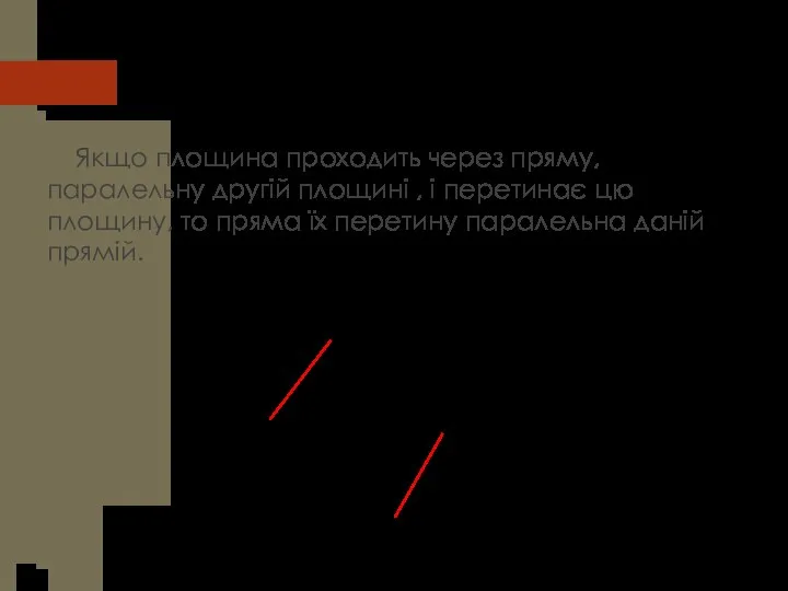 Властивість паралельності прямої і площини Якщо площина проходить через пряму, паралельну