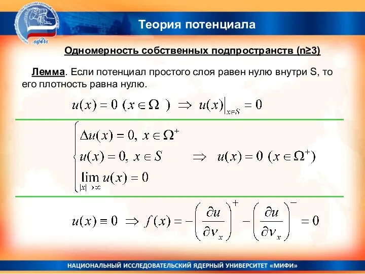 Теория потенциала Лемма. Если потенциал простого слоя равен нулю внутри S,