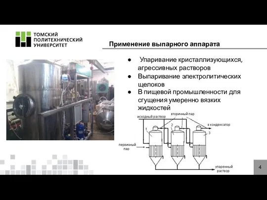 4 Упаривание кристаллизующихся, агрессивных растворов Выпаривание электролитических щелоков В пищевой промышленности