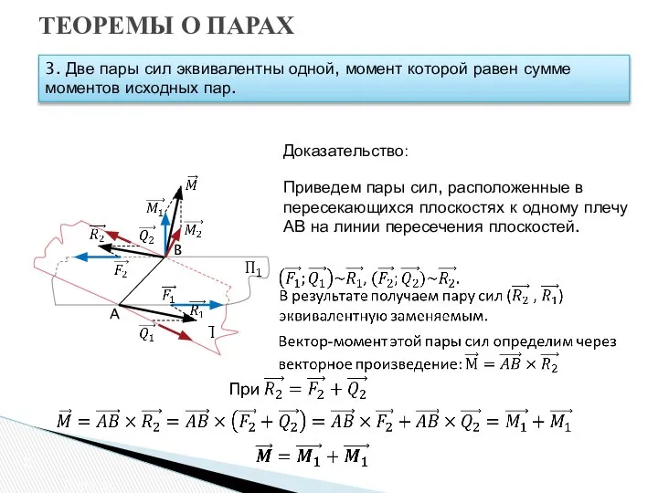 ТЕОРЕМЫ О ПАРАХ Пара сил 3. Две пары сил эквивалентны одной,