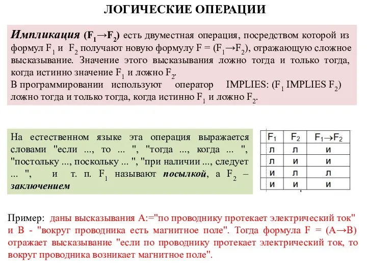 Импликация (F1→F2) есть двуместная операция, посредством ко­торой из формул F1 и