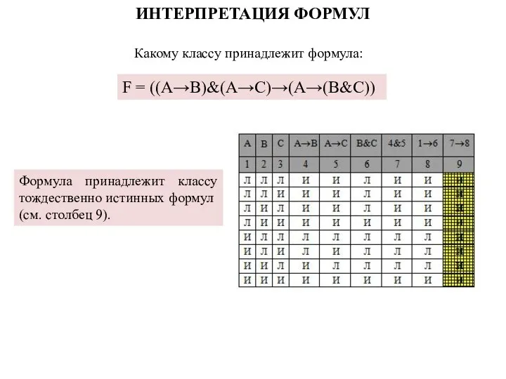 F = ((A→B)&(A→C)→(A→(B&C)) Формула принадлежит классу тож­дественно истинных формул (см. столбец