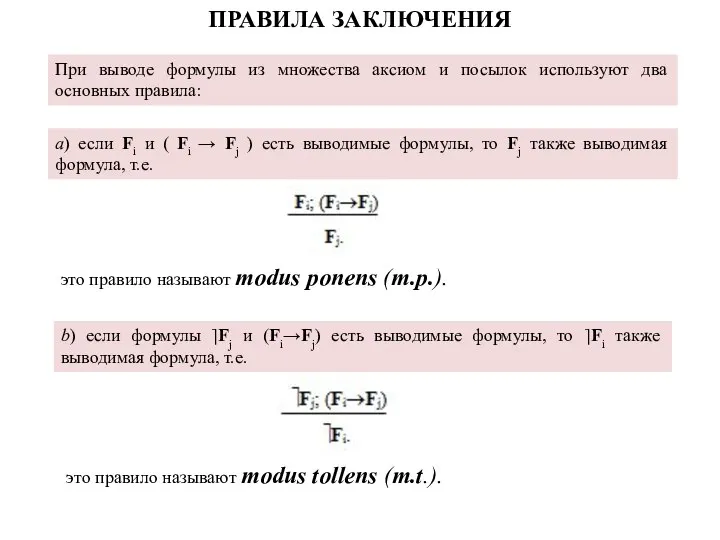 ПРАВИЛА ЗАКЛЮЧЕНИЯ а) если Fi и ( Fi → Fj )