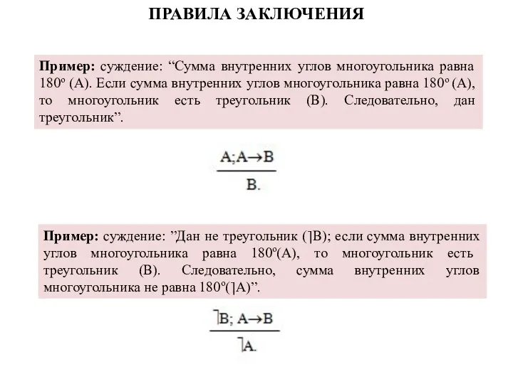 Пример: суждение: “Сумма внутренних углов многоугольника равна 180о (А). Если сумма