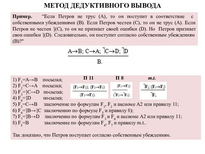 Пример. “Если Петров не трус (A), то он поступит в соответ­ствие