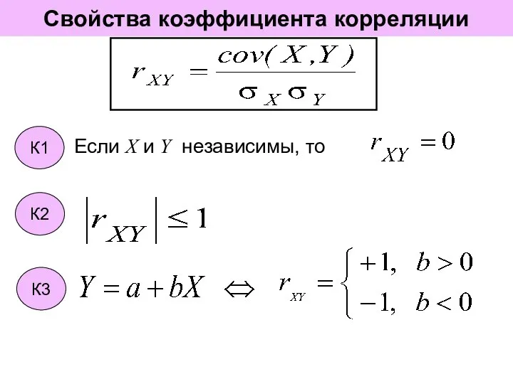 Свойства коэффициента корреляции Если X и Y независимы, то