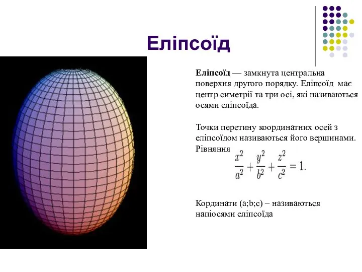 Еліпсоїд — замкнута центральна поверхня другого порядку. Еліпсоїд має центр симетрії