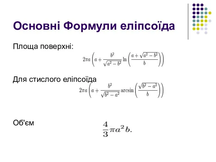 Основні Формули еліпсоїда Площа поверхні: Для стислого еліпсоїда Об'єм