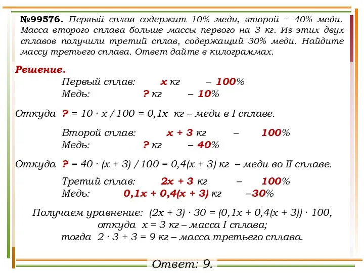 Решение. Первый сплав: х кг – 100% Медь: ? кг –