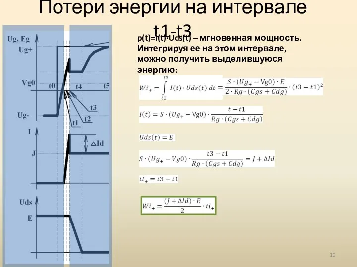 Потери энергии на интервале t1-t3 p(t)=I(t)·Uds(t) – мгновенная мощность. Интегрируя ее