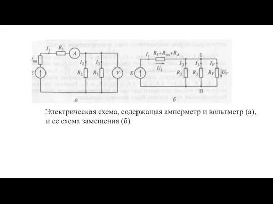 Электрическая схема, содержащая амперметр и вольтметр (а), и ее схема замещения (б)