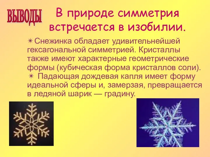 В природе симметрия встречается в изобилии. ✴Снежинка обладает удивительнейшей гексагональной симметрией.