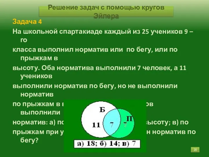 Решение задач с помощью кругов Эйлера Задача 4 На школьной спартакиаде