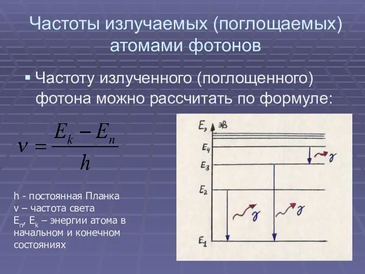 Частоты излучаемых (поглощаемых) атомами фотонов Частоту излученного (поглощенного) фотона можно рассчитать