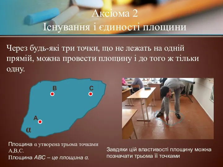 Аксіома 2 Існування і єдиності площини Через будь-які три точки, що