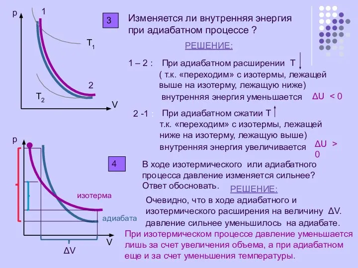 р V T1 T2 3 Изменяется ли внутренняя энергия при адиабатном