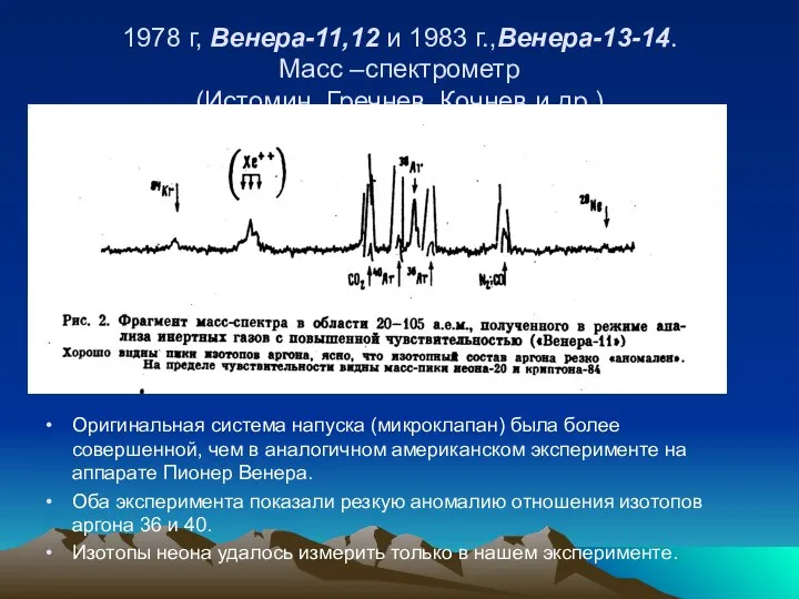 1978 г, Венера-11,12 и 1983 г.,Венера-13-14. Масс –спектрометр (Истомин, Гречнев, Кочнев