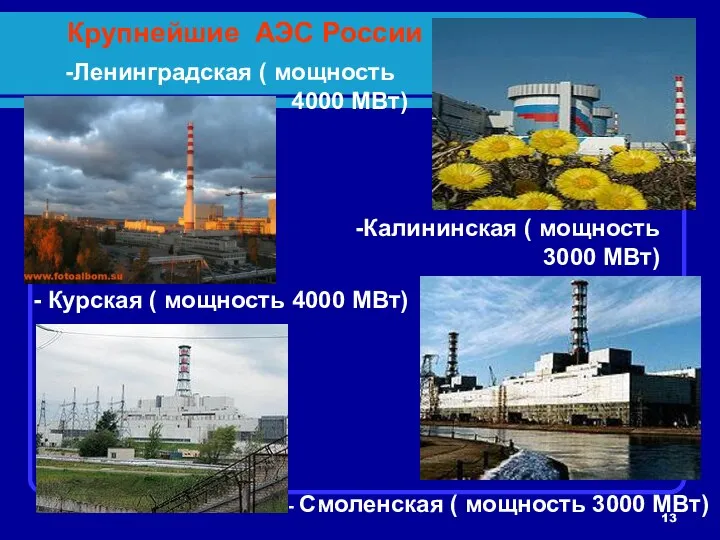 Крупнейшие АЭС России Ленинградская ( мощность 4000 МВт) Калининская ( мощность