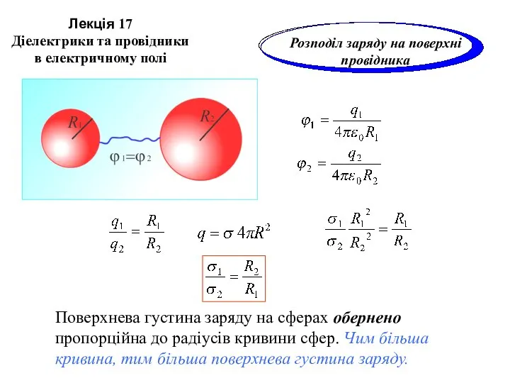Розподіл заряду на поверхні провідника Поверхнева густина заряду на сферах обернено