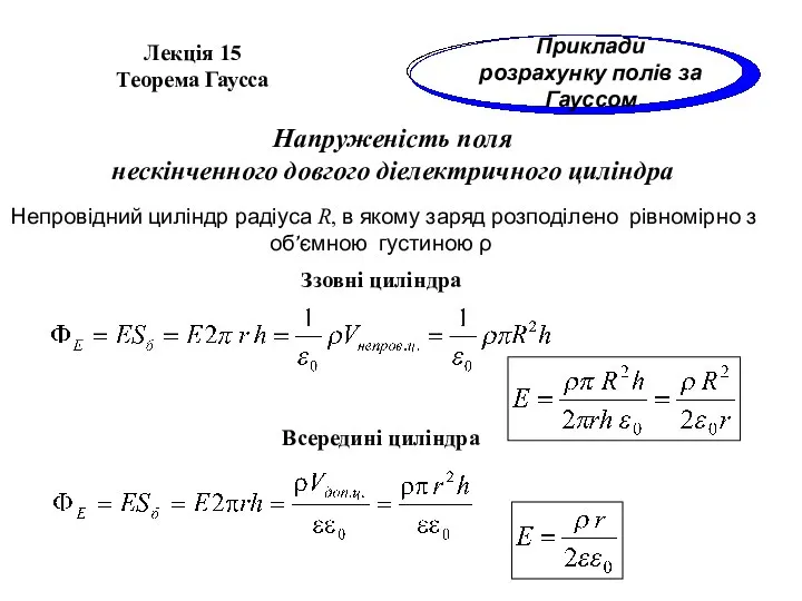 Напруженість поля нескінченного довгого діелектричного циліндра Лекція 15 Теорема Гаусса Приклади