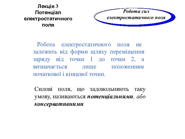 Робота електростатичного поля не залежить від форми шляху переміщення заряду від