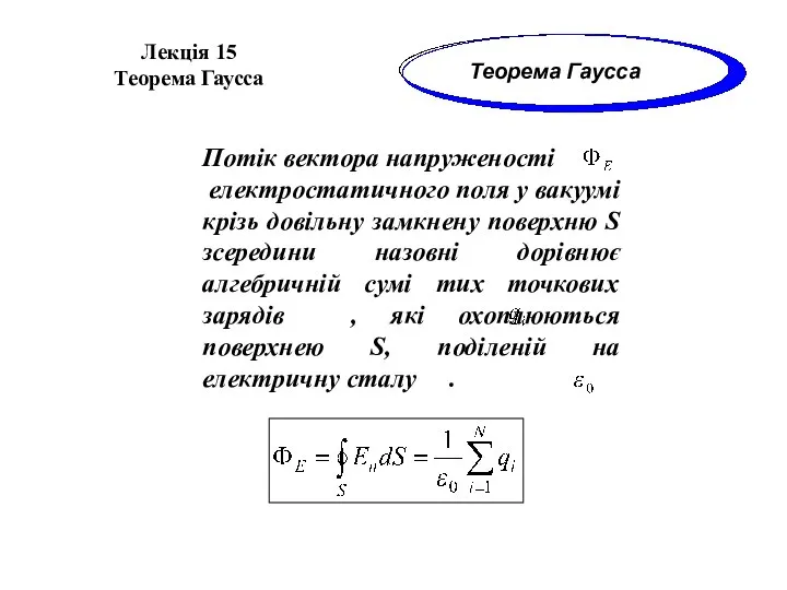 Лекція 15 Теорема Гаусса Теорема Гаусса Потік вектора напруженості електростатичного поля