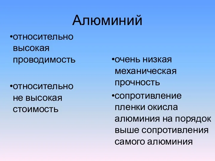 Алюминий относительно высокая проводимость относительно не высокая стоимость очень низкая механическая