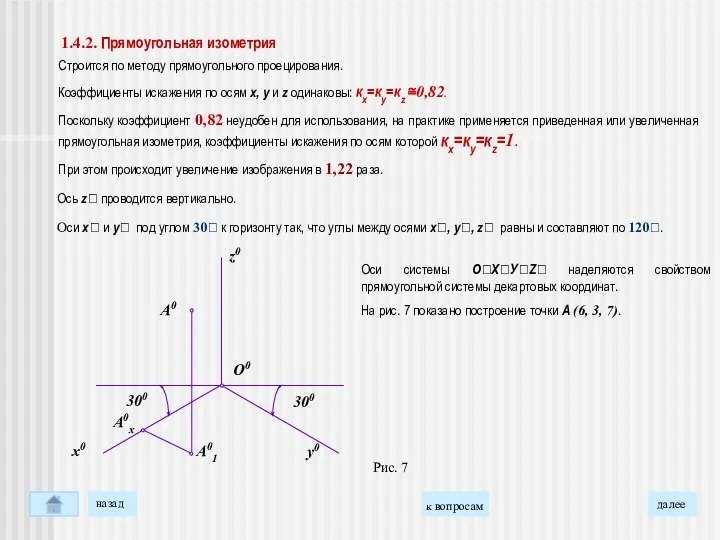 Строится по методу прямоугольного проецирования. Коэффициенты искажения по осям х, у