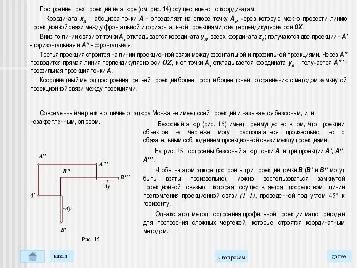 Построение трех проекций на эпюре (см. рис. 14) осуществлено по координатам.