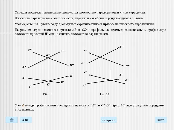 Скрещивающиеся прямые характеризуются плоскостью параллелизма и углом скрещения. Плоскость параллелизма -