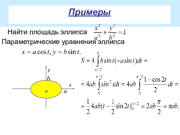 Примеры Найти площадь эллипса . Параметрические уравнения эллипса у о х