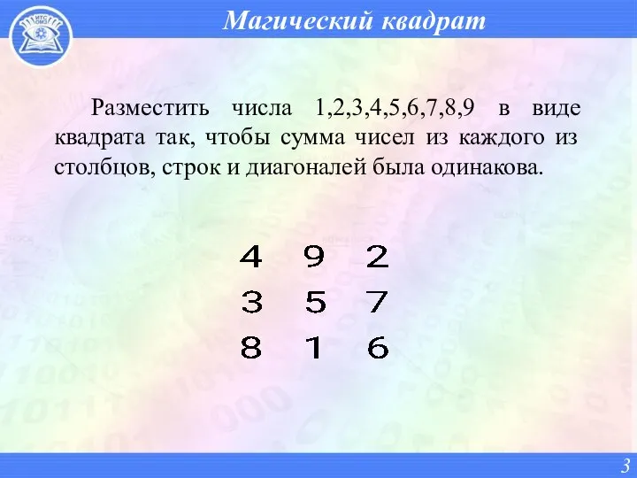 Магический квадрат Разместить числа 1,2,3,4,5,6,7,8,9 в виде квадрата так, чтобы сумма