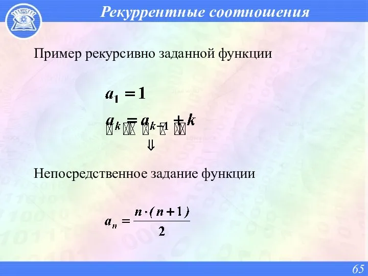 Рекуррентные соотношения Пример рекурсивно заданной функции Непосредственное задание функции