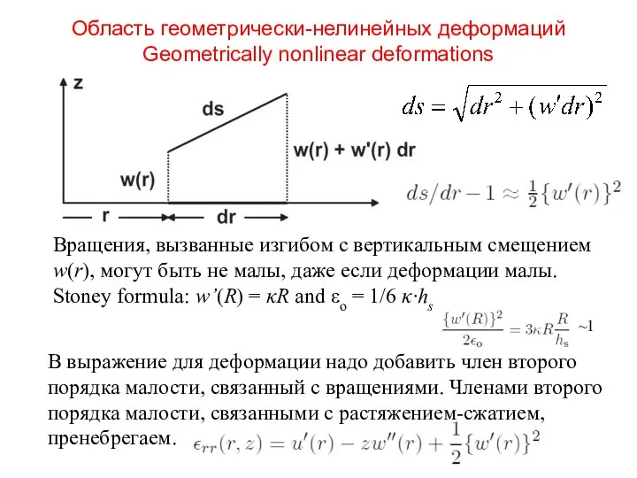 Область геометрически-нелинейных деформаций Geometrically nonlinear deformations Вращения, вызванные изгибом с вертикальным