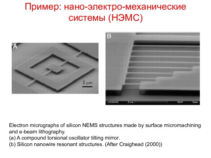 Пример: нано-электро-механические системы (НЭМС) Electron micrographs of silicon NEMS structures made