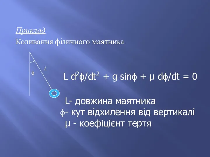 Приклад Коливання фізичного маятника L ϕ L d2ϕ/dt2 + g sinϕ