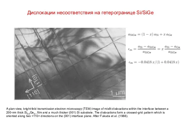 Дислокации несоответствия на гетерогранице Si/SiGe A plan-view, bright-feld transmission electron microscopy