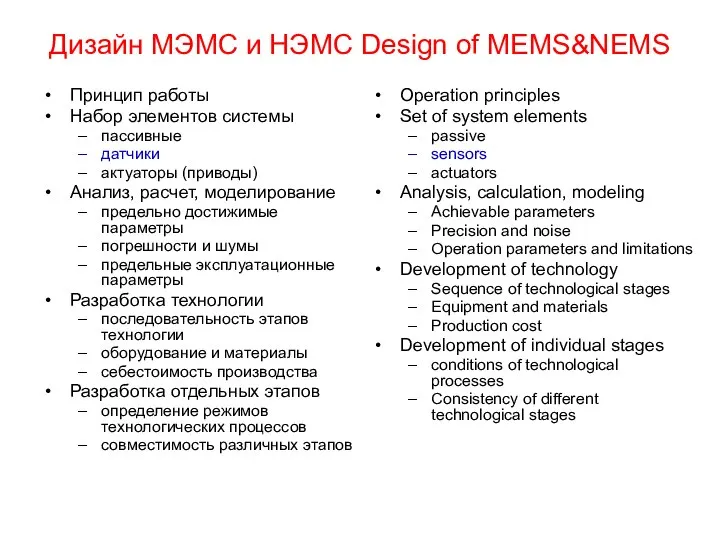 Дизайн МЭМС и НЭМС Design of MEMS&NEMS Принцип работы Набор элементов