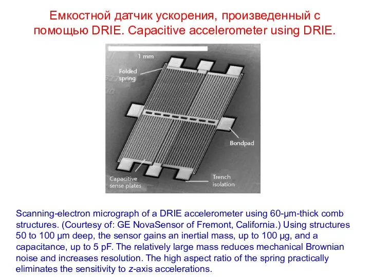 Емкостной датчик ускорения, произведенный с помощью DRIE. Capacitive accelerometer using DRIE.