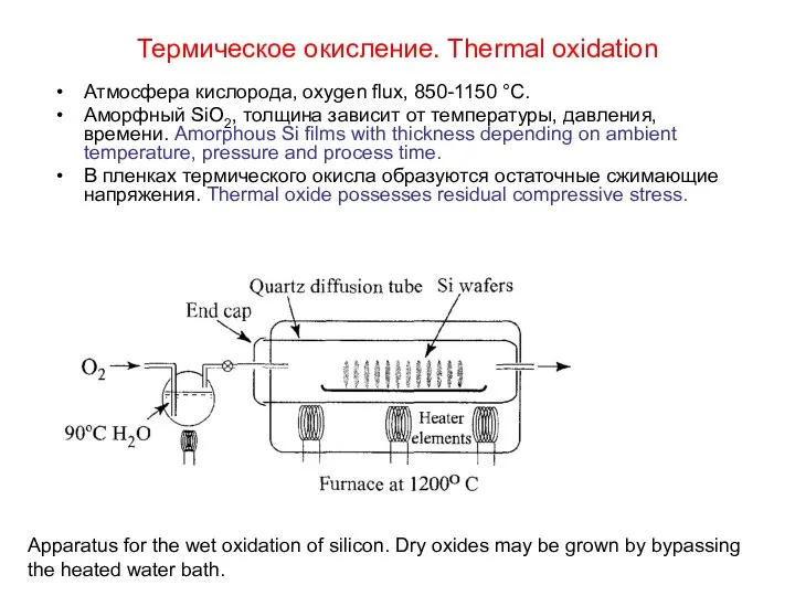 Термическое окисление. Thermal oxidation Атмосфера кислорода, oxygen flux, 850-1150 °С. Аморфный